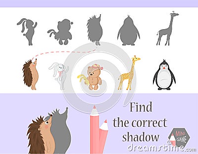 Find the correct shadow, education game for children. Cute Cartoon animals and Nature. vector illustration. bear, hare Vector Illustration