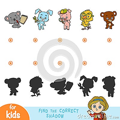 Find the correct shadow, education game. Set of cartoon animals Vector Illustration
