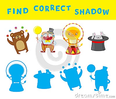 Find the correct shadow educational game for kids. Vector activity template with circus characters Vector Illustration