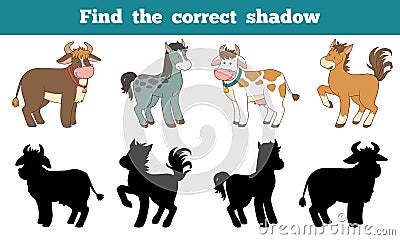 Find the correct shadow: farm animals (horse and cows) Vector Illustration