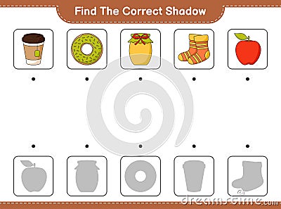 Find the correct shadow. Find and match the correct shadow of Donut, Jam, Socks, Apple, Teacup. Educational children game, Vector Illustration