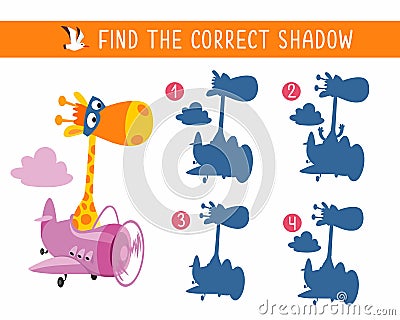 Find correct shadow. Game for children. Activity, vector illustration. Giraffe in helicopter. Vector Illustration