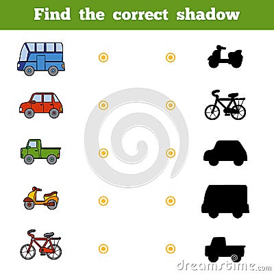 Find the correct shadow, game for children. Set of transport Vector Illustration