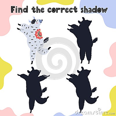 Find the correct shadow game. Fun activity page for kids Vector Illustration