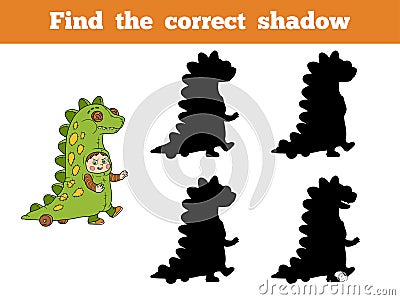 Find correct shadow: Halloween characters (dinosaur costume) Vector Illustration