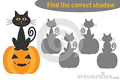 Find the correct shadow, halloween game for children, cartoon cat and pumpkin, education game for kids, preschool worksheet activi Vector Illustration