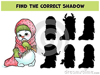 Find the correct shadow. Hand drawn illustration of Cute toddler snowman girl with ice cream Cartoon Illustration