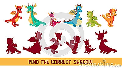 Kid dragon find correct shadow game vector cartoon illustration Vector Illustration