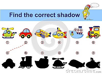 Find correct shadow. Kids educational game. Cartoon transport. Car, submarine, ship, plane, train, helicopter Vector Illustration