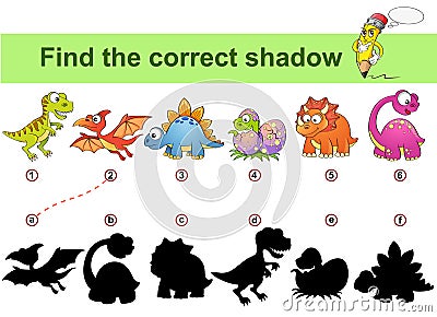 Find correct shadow. Kids educational game. Dinosaurs Vector Illustration