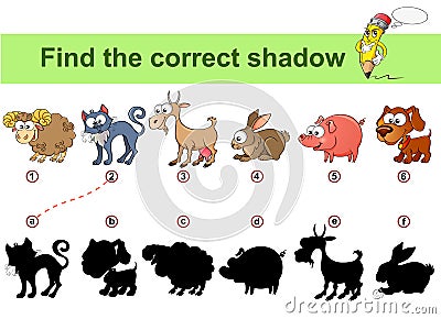 Find correct shadow. Kids educational game. Farm animals. Sheep, cat, goat, rabbit, dog, pig Vector Illustration