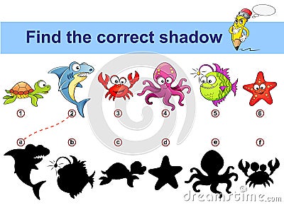 Find correct shadow. Kids educational game. Sea animals. Turtle, shark, crab, octopus, monkfish, starfish Vector Illustration