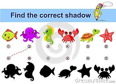 Find correct shadow. Kids educational game. Sea animals Vector Illustration