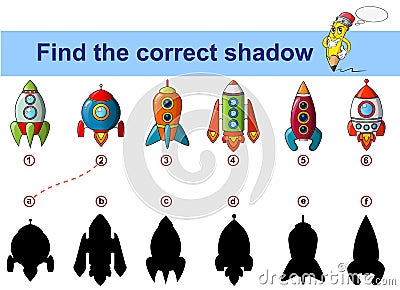 Find correct shadow. Kids educational game. Spaceship. Rocket Vector Illustration