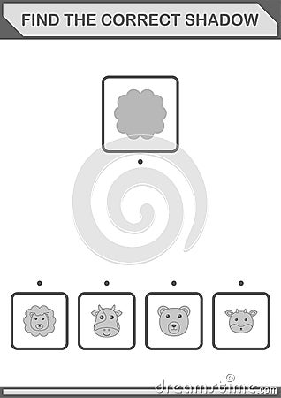 Find the correct shadow Lion face. Worksheet for kids Vector Illustration