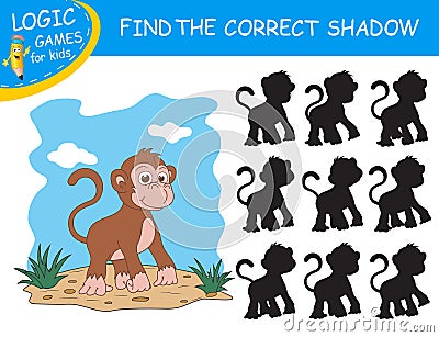 Find the correct shadow the Monkey. Cute cartoon Ape on colorful background. Education matching game for child with fun character Vector Illustration