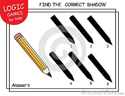 Find the correct shadow Pencil. Cute cartoon wooden pencil with rubber eraser. Shadow matching game for children. Logic Game Vector Illustration