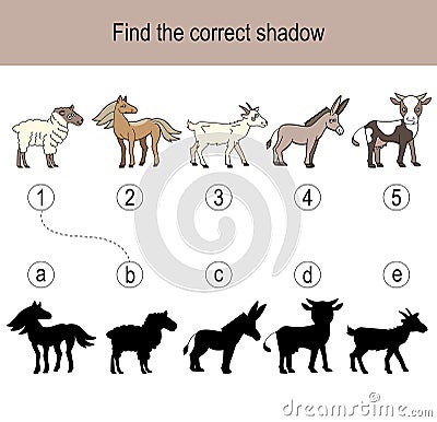 Find the correct shadow puzzle with different farm animals. Illustration can be used as logic game for children Vector Illustration