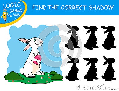 Find the correct shadow the Rabbit. White Easter Bunny holding Egg on colorful background. Cute cartoon Hare. Educational game Vector Illustration