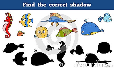 Find the correct shadow (sea life, fish, sea horse, whale) Vector Illustration