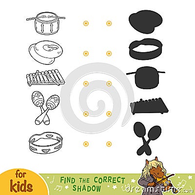 Find the correct shadow. Set of musical instruments Vector Illustration