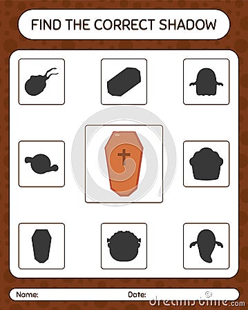 Find the correct shadows game with coffin. worksheet for preschool kids, kids activity sheet Vector Illustration