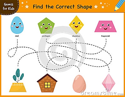 Find the correct shape mini game. Maze for kids. Learning shapes activity page Vector Illustration