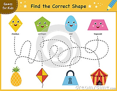 Find the correct shape mini game. Maze for kids. Learning shapes activity page Vector Illustration