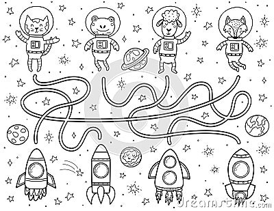 Find a correct way to the rockets for each animal astronaut. Black and white space maze for kids Vector Illustration