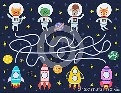 Find a correct way to the rockets for each animal astronaut. Space maze puzzle for kids Vector Illustration