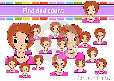 Find and count. Education developing worksheet. Activity page. Puzzle game for children. Logical thinking training. Isolated Vector Illustration