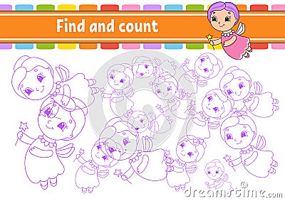 Find and count. Elderly fairy. Education developing worksheet. Activity page. Puzzle game for children. Logical thinking training Vector Illustration