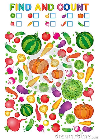 Find and count. Printable worksheet for kindergarten and preschool. Exercises for study numbers. Bright Vegetable harvest chili pe Vector Illustration