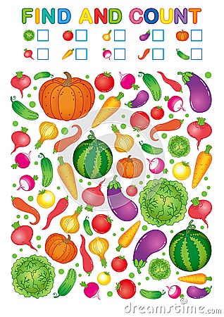 Find and count. Printable worksheet for kindergarten and preschool. Exercises for study numbers. Bright Vegetable harvest chili pe Vector Illustration