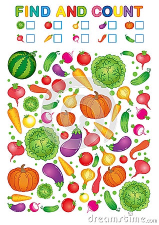 Find and count. Printable worksheet for kindergarten and preschool. Exercises for study numbers. Bright Vegetable harvest chili pe Vector Illustration