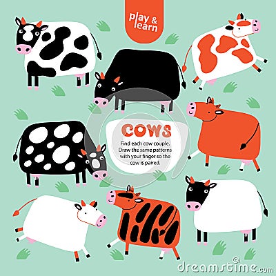 Find Cows Pair Picture Kid Game Printable Template. Vector Illustration