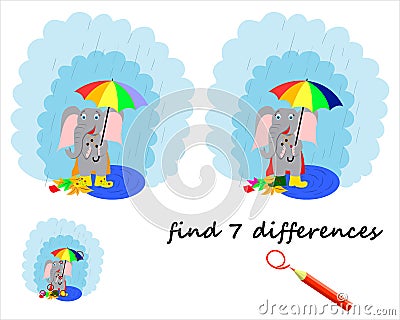 find the difference, a cartoon elephant stands under an umbrella. a game for children. vector Vector Illustration