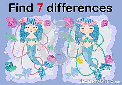 Find the difference the two illustration with sea mermaid. Children funny riddle entertainment. Vector Illustration