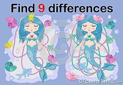 Find the difference the two illustration with sea mermaid. Children funny riddle entertainment. Vector Illustration