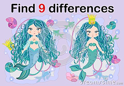 Find the difference the two illustration with sea mermaid. Children funny riddle entertainment. Vector Illustration