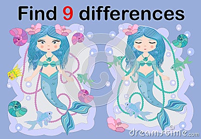 Find the difference the two illustration with sea mermaid. Children funny riddle entertainment. Vector Illustration