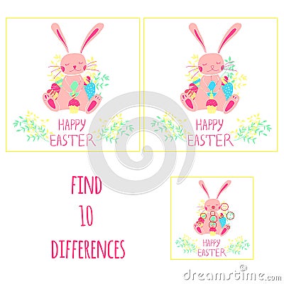 Find 10 differences. Easter. Bunny with eggs, cake and candle. Hand drawn style Vector Illustration