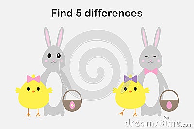 Find 5 differences, easter game for children, chick and bunny in cartoon style, education game for kids, preschool worksheet Stock Photo