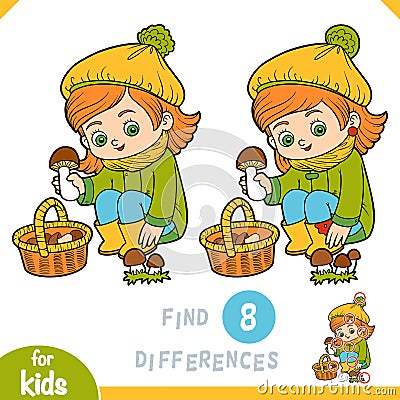 Find differences, education game for children, Cute little girl gathers mushrooms in a basket Vector Illustration