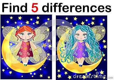 Find differences education game for children, fairy in the moon. Stock Photo