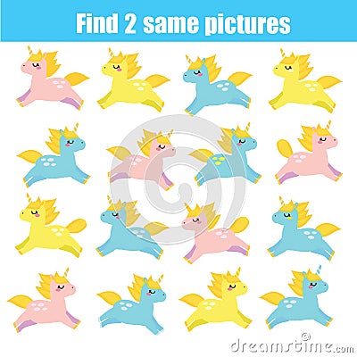 Find the same pictures children educational game. Cute unicorns Vector Illustration