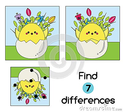 Find the differences educational children game. Kids activity sheet with Chicken in egg. Easter theme Vector Illustration