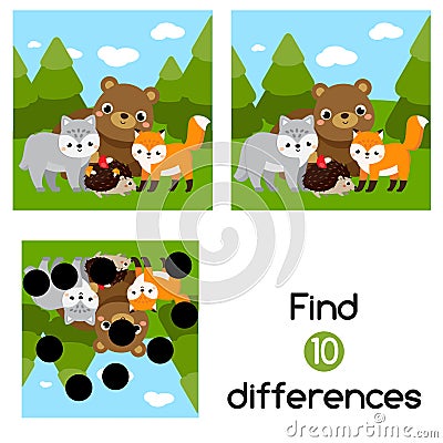 Find the differences educational children game. Kids activity with cartoon forest animals Vector Illustration