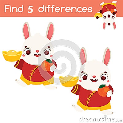 Find the differences educational children game. Kids activity with Chinese New Year animal rabbit Vector Illustration