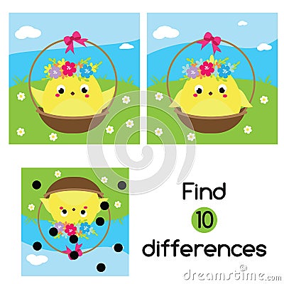 Find the differences. Educational children game. Kids activity fun page. Cute chicken. Easter theme Vector Illustration